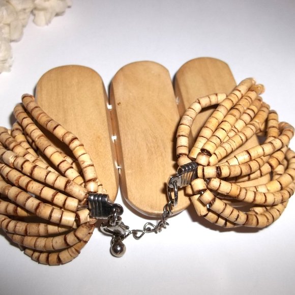Chunky Wooden Bracelet Brown Tan Cream Wood Adjustable Statement Size Jewlery B7 - Picture 5 of 5